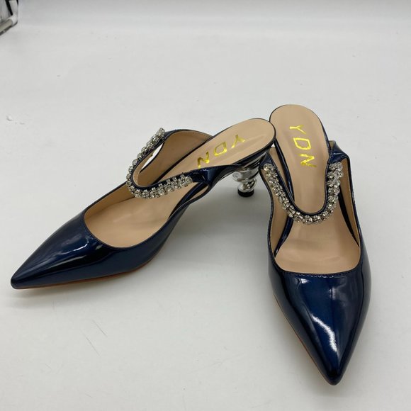 YDN blue patent leather pointy toe sliver spiral low heels slingback shoes - Picture 2 of 7